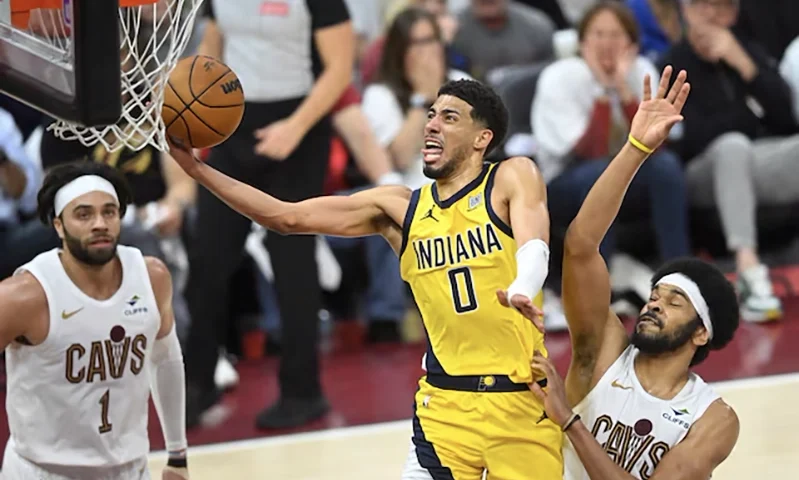 Tyrese Haliburton, Indiana Pacers, Cleveland Cavaliers, NBA Playoffs, Game Winner, Eastern Conference Semifinals, Donovan Mitchell, Rick Carlisle, Kenny Atkinson, Comeback Win, NBA Injuries, Evan Mobley, Darius Garland, De'Andre Hunter,